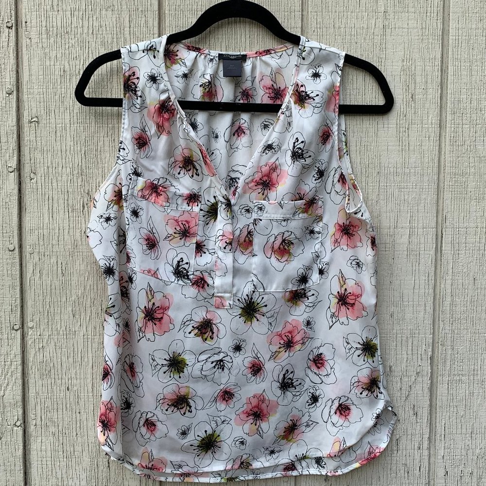 Ann Taylor White Floral Sleeveless Tank Top with Pink & Black Accents